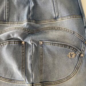 Freddy Pants: WRUP SNUG Jeans High Waisted - Flare - Light Blue + Yellow Stitch